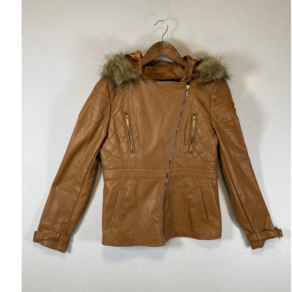 Streetwear Rocawear Women Size M Brown Faux Leather Snakeskin Moto Jacket Hooded